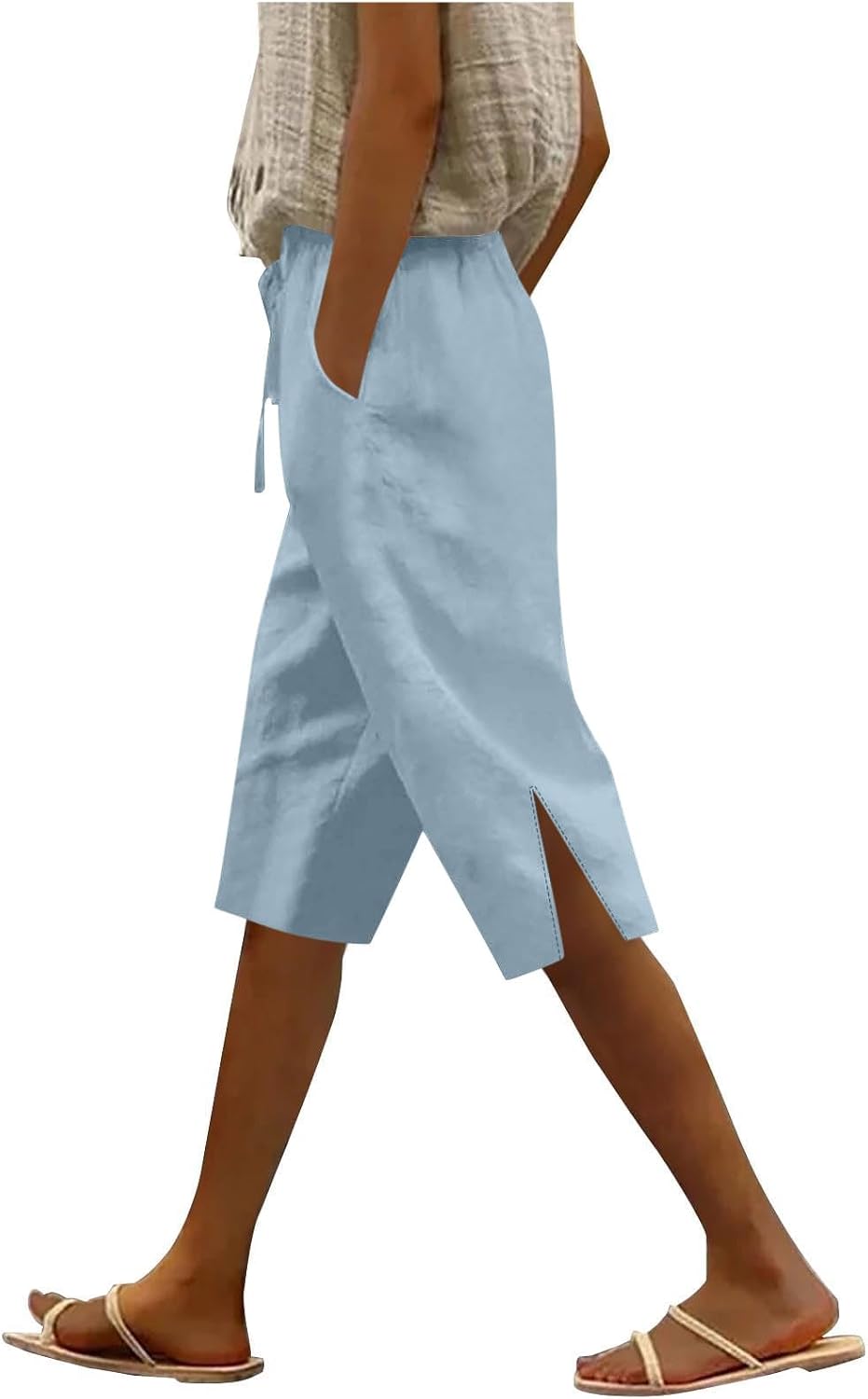 Women Knee Length Bermuda Shorts Summer Cotton Linen Shorts Casual Side Slit Capri Pants Summer Beach Long Short