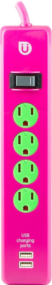 Uber 4 Outlet Power Strip, 2 USB Ports, 4ft Cord, Safety Covers, Pink/Green, 25118
