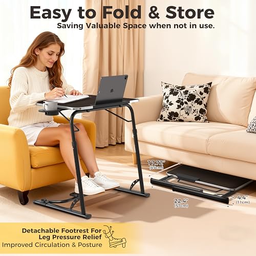 Image of FoldWise Upgraded Folding TV Tray Table - Extra Large & Sturdy Laptop Table for Couch, Height & Angle Adjustable Desk for Dinner, Work & TV - Includes Footrest, Cup Holder, iPad Holder & Edge Stopper