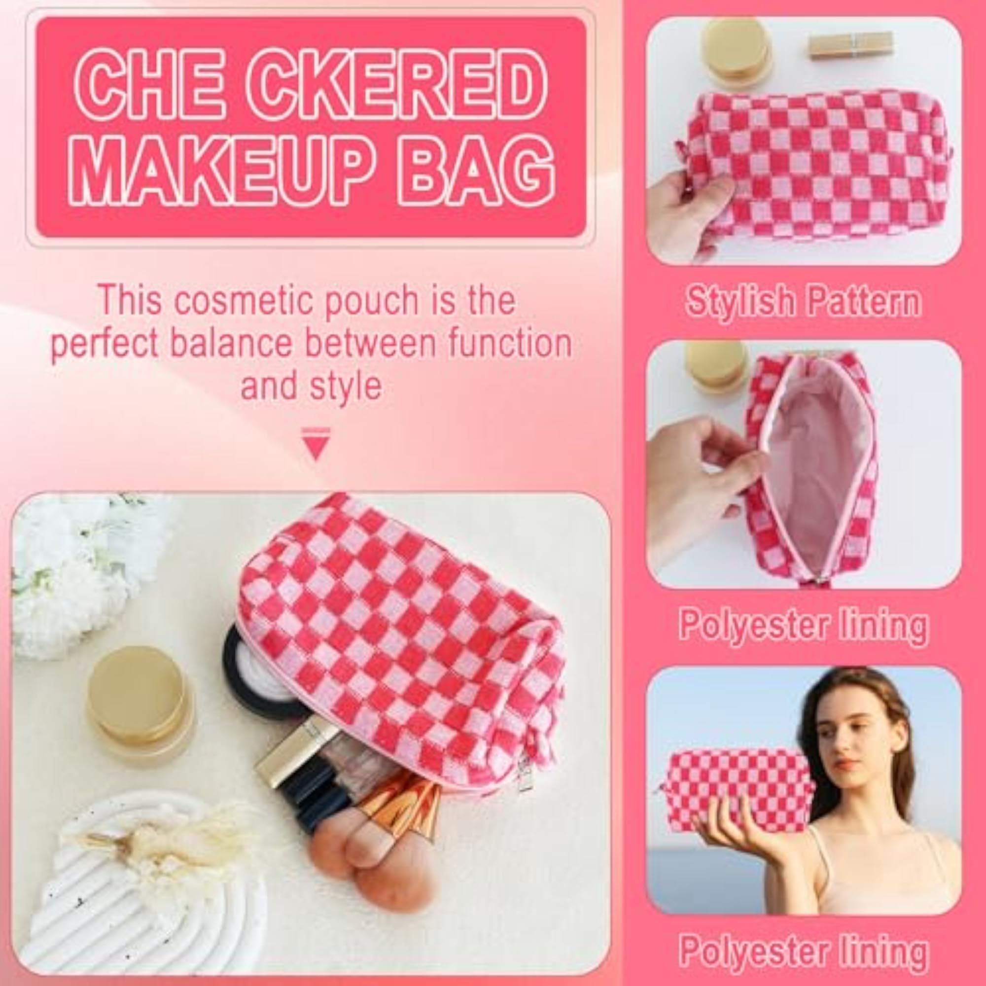 Checkered Makeup Bag for Women, Travel Toiletry Bags Set