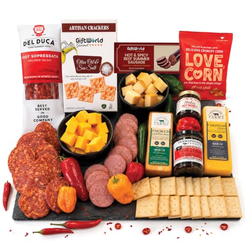 Ultimate Hot and Spicy Charcuterie Gift Basket, Meat and Cheese Gift Basket for Men and Women, Charcuterie Food Items with Spicy Sausage, Hot Sopressata, Cheddar, Gouda, Hot Honey, Bacon Jam - 8 Item Bundle