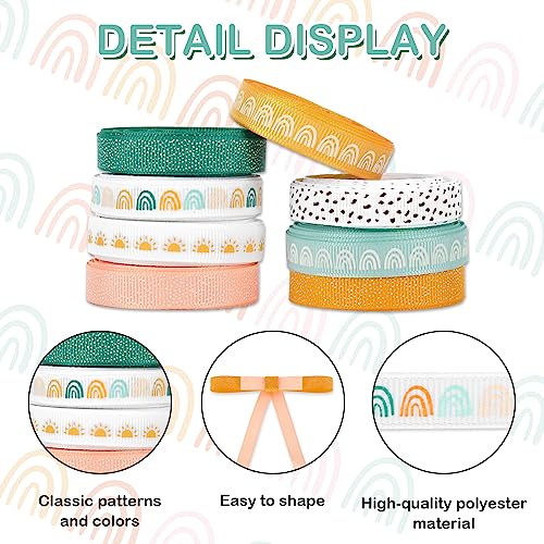Image of Whaline 8 Rolls Boho Ribbon 40 Yards 0.4 Inch Grosgrain Ribbon Colorful Boho Sun Fabric Craft Ribbons for Back to School Wreath Bow Making Gift Wrapping Decor DIY Crafts