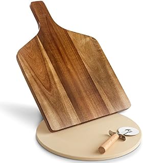 VonShef 3Pc Pizza Stone Set with 30cm (12") Round Ceramic Baking Stone for Oven, Acacia Wood Paddle / Peel, Serving Board with Carry Handle & Metal Cutter for Shop Bought & Homemade Bread & Calzone
