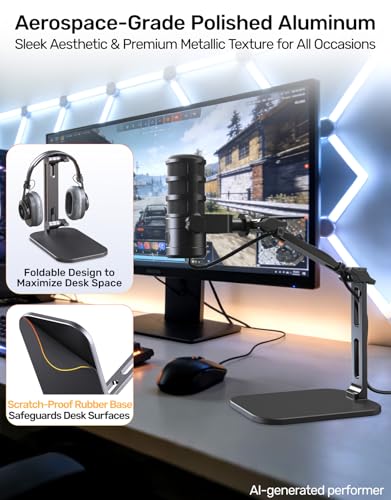 Image of Desktop Mic Arm Stand 2.68lbs Max Heavy Duty Microphone Mount with Silent Mute Knob Compatible with Rode PodMic Shure SM7B for Podcast Gaming Streaming Office Desk Setup Boom Arm