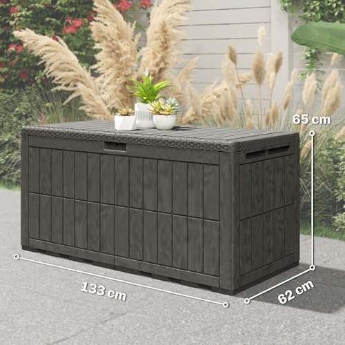Outsunny 440L Garden Storage Box, Waterproof Resin Deck Box With Lockable Lid, Pneumatic Gas Rods, Side Handles, Uv Resistant Wood Texture Outdoor Patio Storage Container For Garden Tools - 7