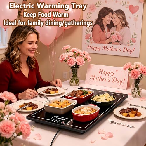 Image of Warming Mat for Food (L 22 inchx14 inch), Warming Trays for Buffets Party & Daily Use, Temperature Control Food Warmer, Full Surface Warm Tempered Glass Food Warming Mat, Black Electric Warming Tray