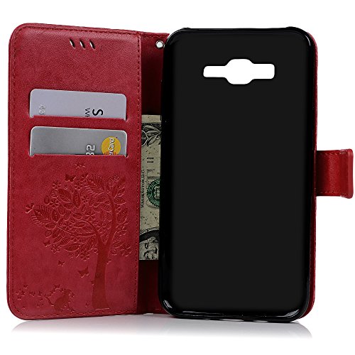 Badalink J7 Case,Samsung Galaxy J7 Case (2015 Version) - Wallet Embossed Butterflies Tree Premuim Pu Leather Soft Tpu Inner Cover With Wrist String & Magnetic Clip & Id/Credit Card Holders Red #TOP2