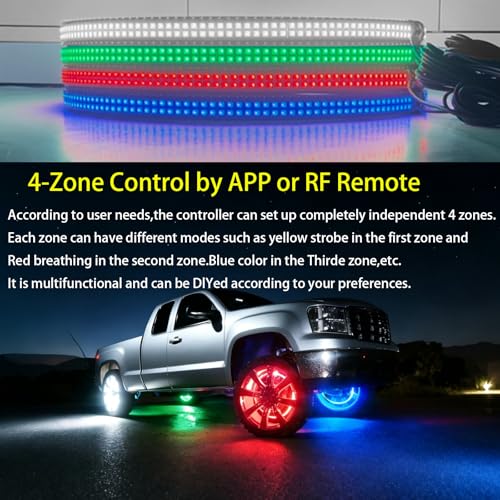 Image of Ultra-Bright 4PCS 17 inch Double Row RGB+ White Wheel Lights for Truck Car,APP & RF 4-Zone Control Wheel Weel Ring Rim Lighting kit with Music Sync Dynamic Modes,Brake & Courtesy Function,2592 LEDs