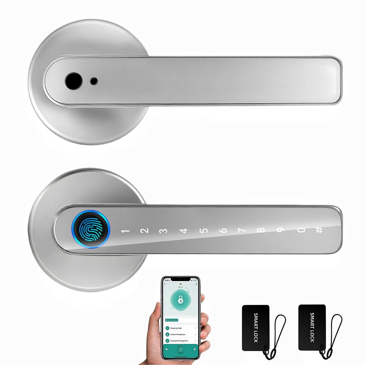 Cerradura Inteligente - 5 en 1 Cerradura Electrónica con Desbloqueo Remoto, Huella Dactilar, Tarjeta IC, APP, Contraseña, Llave Mecánica, Protección Contraseña, para Dormitorio, Hotel