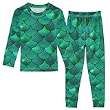 Ollabaky Pajama Set Green Fish Scales Mermaids 2 Piece Pjs Set Cotton Sleepwear Long Sleeve Top with Bottom, 3T