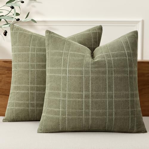 MIULEE Decorative Linen Check Throw Pillow Covers Neutral Farmhouse...