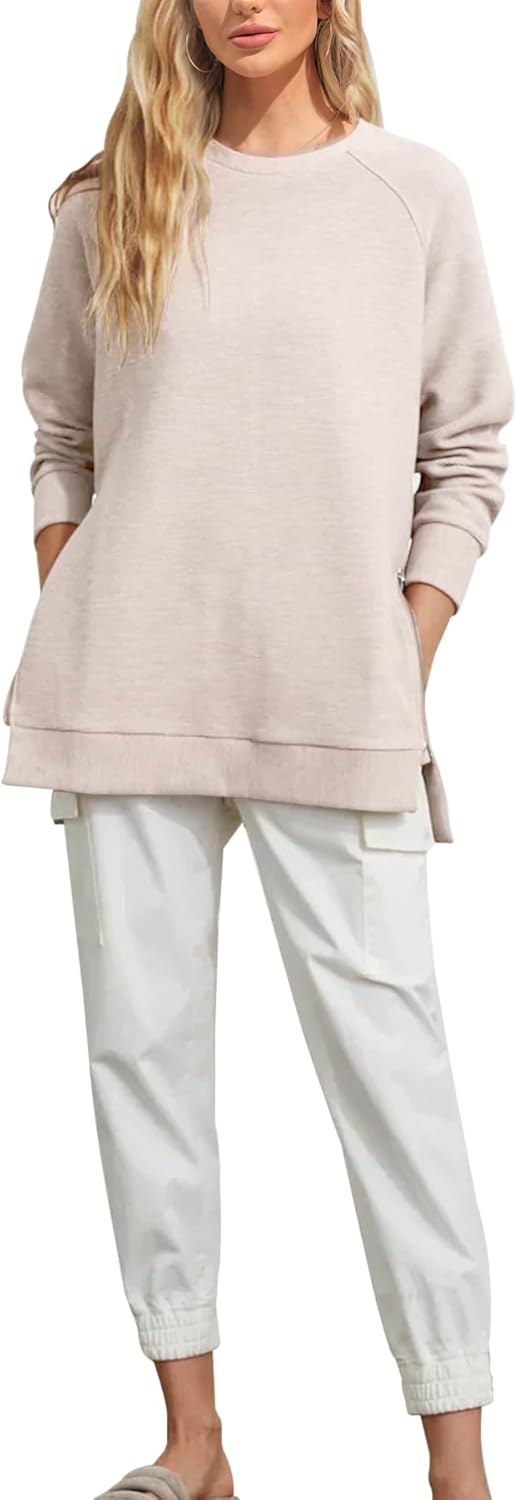 Fazortev Women's Oversized Sweatshirts Long Sleeve Crew Neck Ribbed Pullover Loose Side Zipper Tunic Tops - Image 2