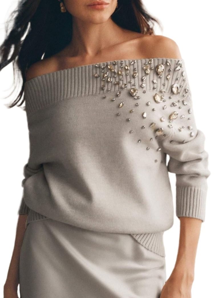 Fall Winter Sweaters Top for Women Elegant Beaded Off-Shoulder Sweater Knit Pullover Outfit