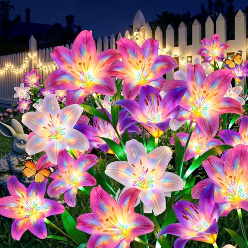 BONLION Solar Lights Outdoor Garden Decor - 6 Pack Solar Flowers with 30 Heads Colorful Lily Lights & Glowing Stems Brighter Waterproof Decorative Garden Lights for Yard Patio Flower Bed Gifts