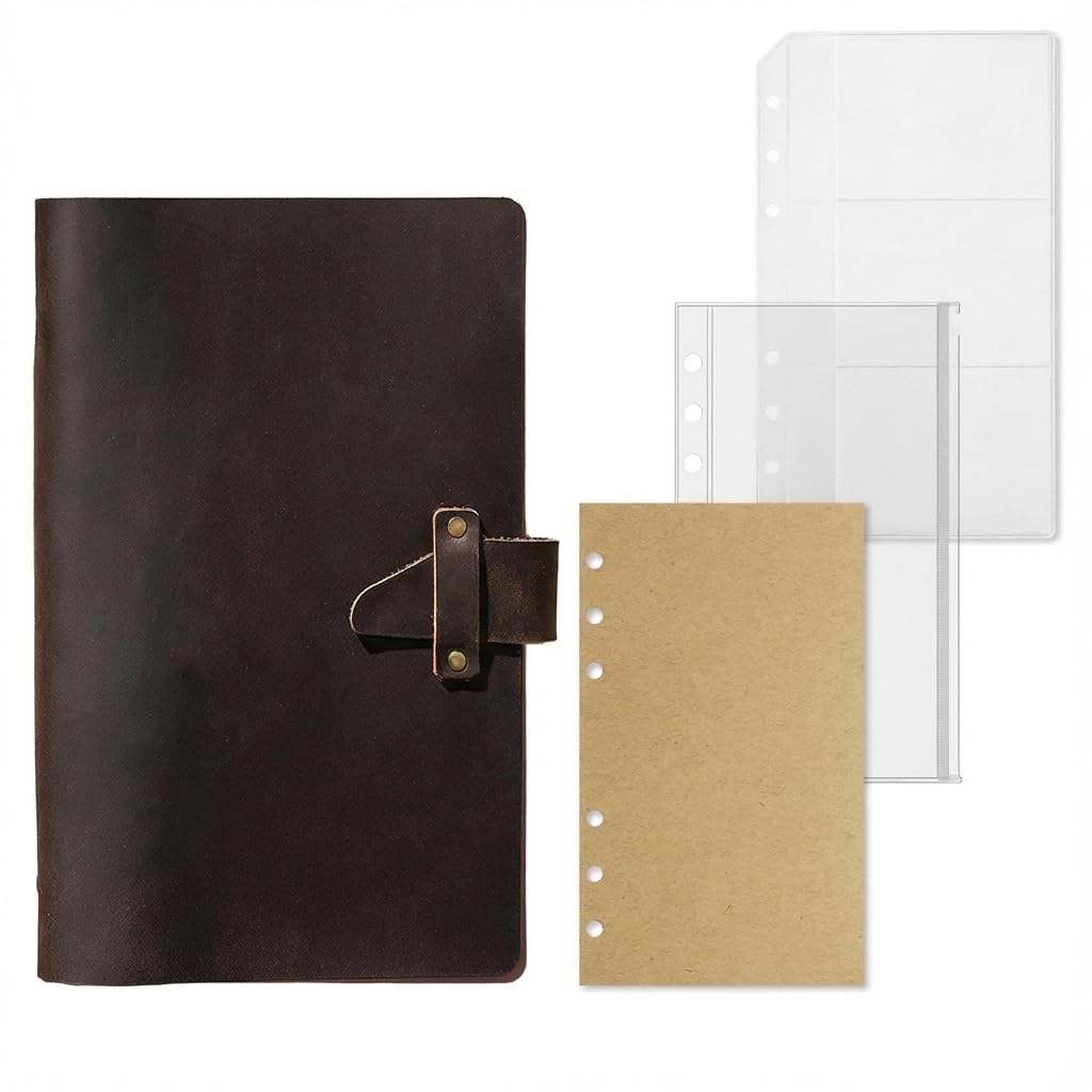 Acidea Carnet de notes rechargeable en cuir A6, classeur vintage à 6 anneaux avec couverture en cuir véritable Crazy Horse avec 192 pages de recharge de papier kraft vierge, poche, pour écrivains