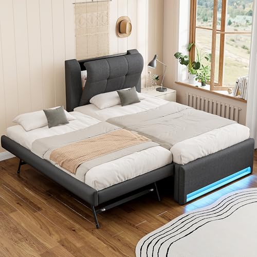 CelticHearth Cama tapizada con cama nido, iluminación LED, gris, MDF y lino, 90 x 200 cm, con plataforma