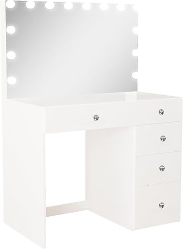 Miniatura 5 de Boahaus Saranya - Moderno escritorio de maquillaje con cajones y bombillas Hollywood complementario, blanco, perillas de cristal, pequeño escritorio