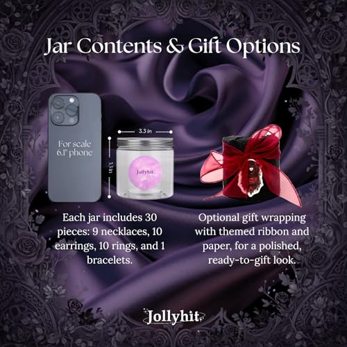 Gift-Ready Mystery Jewelry Jar – 30pcs light Gothic Witchy Surprise Box for Women, Spooky Season Costume Jewelry Set with Necklace, Earrings, Rings & Bracelets – Halloween Witchcraft Vampire Skeleton Gift2