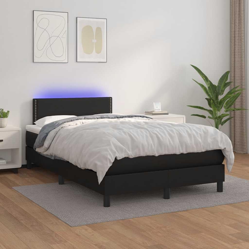 Skóra ekologiczna z regulowanym zagłówkiem LED 120x190 cm czarny | Łóżko kontynentalne z materacem sprężynowym i LED 120x190 czarna skóra ekologiczna z regulowanym zagłówkiem