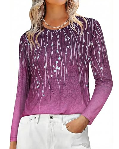 Long Sleeve Shirts for Women Basic Crew Neck Fall Tops Casual Fit T Shirts Berry Rain Ombre M