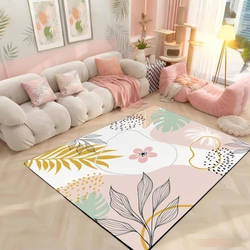Pink Rug Cute Leaf Flower Rugs for Living Room | Boho Circle Large Area Rug 5x7 Washable Non-Slip Round Kids Rugs Botanical Leaves Abstract Carpet for Playroom Classroom Dorm Room Decor Aesthetic