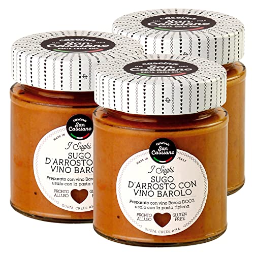 3x Cascina San Cassiano Sugo d'Arrosto con Vino Barolo DOCG ed Estratti di Carne Condimento Senza Glutine - 3 Vasetti da 130g