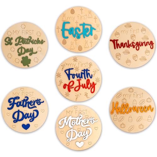 Image of GIOGUK 7pcs My First Holiday Photo Wooden Props, My First Holiday Milestone Cards, Newborn, Baby Photo Shoot Decorations, Baby Shower Party Supplies, First Holiday Anniversary (My First Photo Prop)