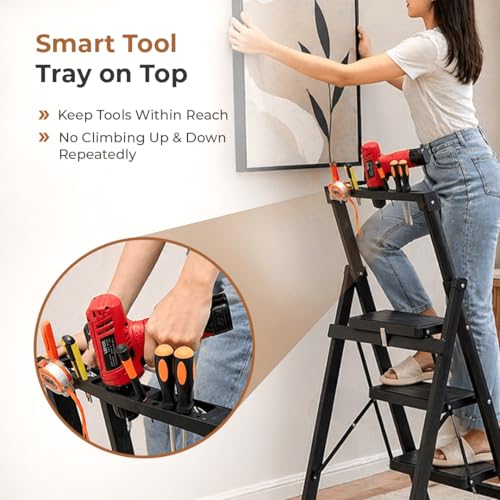 Image of HomeEssentials Foldable Ladder for Home | Heavy-Duty Steel with Large Platform | Wide Non-Slip Rubber Feet | Secure Lock Mechanism (5 Step)