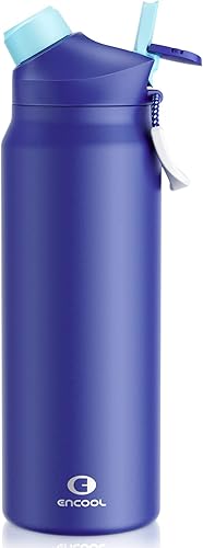 ENCOOL Botella de agua aislada de 32 oz con tapa con popote y boquilla, acero inoxidable, sin BPA, a prueba de fugas, doble pared, para deportes,