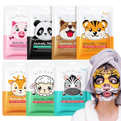 Face Masks Skincare- 7 Sheet Animals Face Mask Moisturizing And Smoothing Face Mask Gift Set Improve Dullness & Brighten- Face Masks Gifts For Kids Teenage Girls (7pcs)
