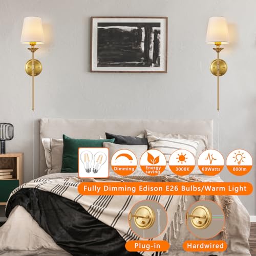 Image of Dimmable Plug in Wall Sconces Set of 2, Gold Bedside Wall Lamp with Knob Dimmer Switch and 6.5FT Electric Cord, Mid Century Modern Bathroom Wall Light Fixture for Bedroom Living Room