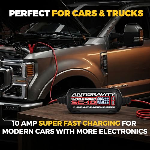 Image of Antigravity SC-10 Super-Charger 10A Smart Battery Charger & Maintainer for 6V /12V Lithium (LiFePO4) & 12V Lead-Acid Batteries - Wall-Powered, LCD Display, Power Supply Mode, BMS Reset