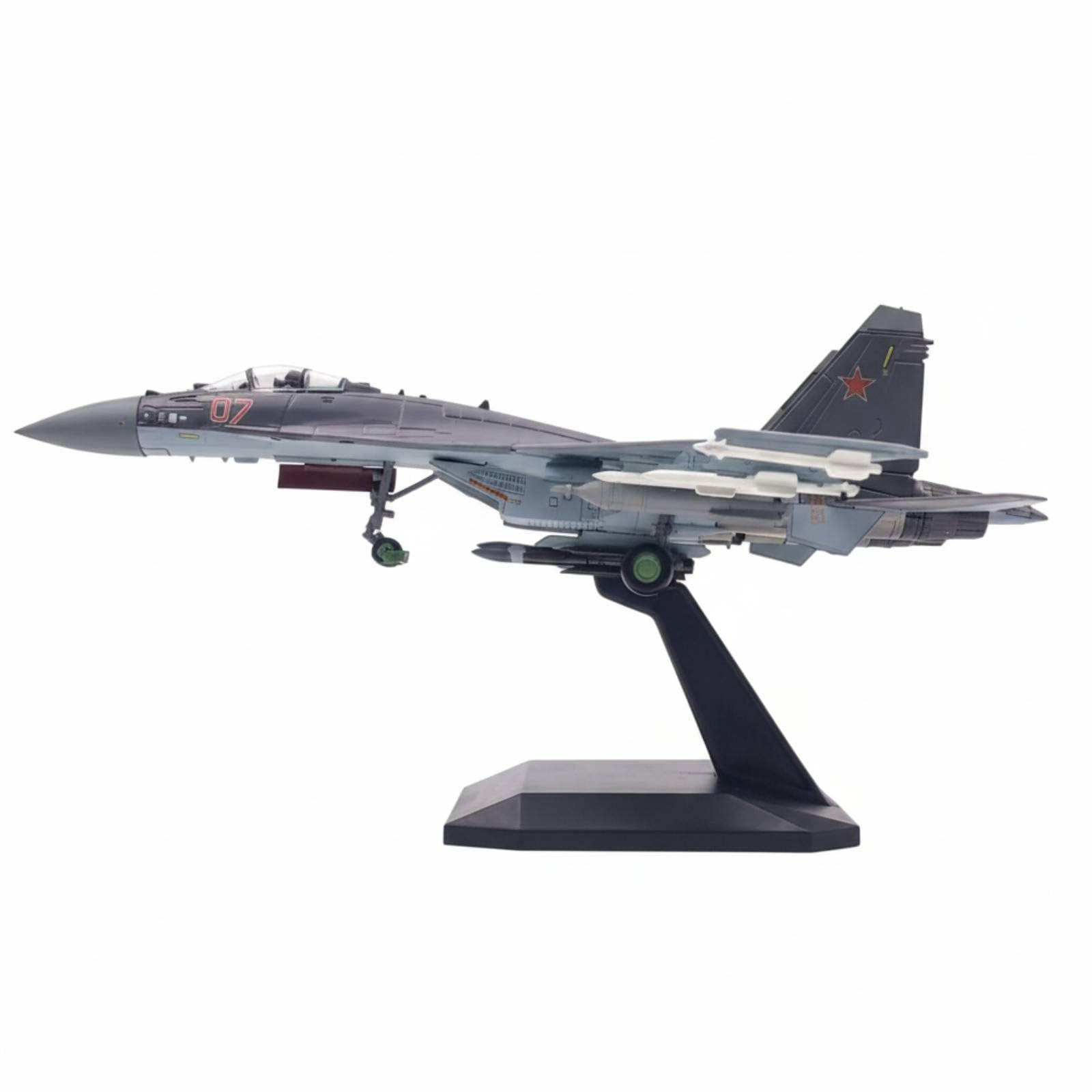 Aereo Su-35 Modello Caccia Miniatura Pressofuso Lega con Dettagli Fedele E Supporto Espositivo Adatto per Scrivania Ufficio Libreria Sala Hobby