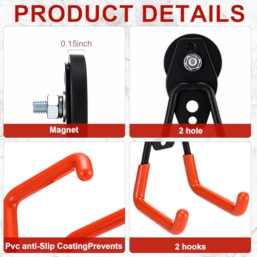 Image of Landhoow 6 Pcs Large Magnetic Hooks Heavy Duty Garage Magnet Hooks Strong Storage Utility Magnetic Hangers with Anti Slip Rubber Coating for Indoor and Outdoor Hanging (Black,Orange)
