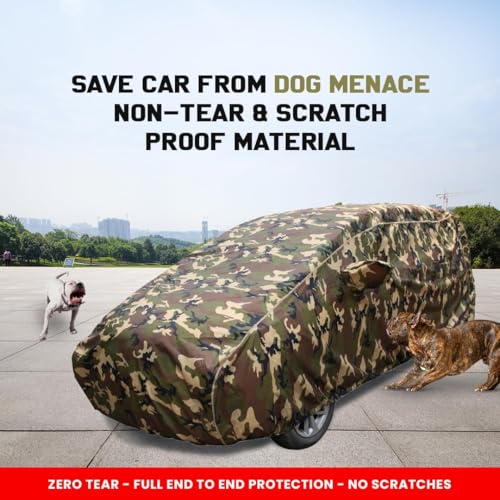 Image of Autofact Kia Syros Waterproof Car Cover, Jungle Print 4x4 American Matty, All-Weather Protection, Triple-Stitched, Windproof with Buckle Belt, Dustproof & Scratchproof, UV Resistant- Gold