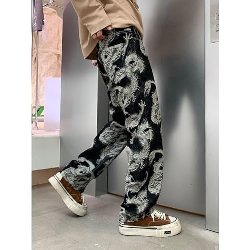 Mens Trendy Dragon Print Jeans Vintage Straight Leg Distressed Denim Pants 28-402