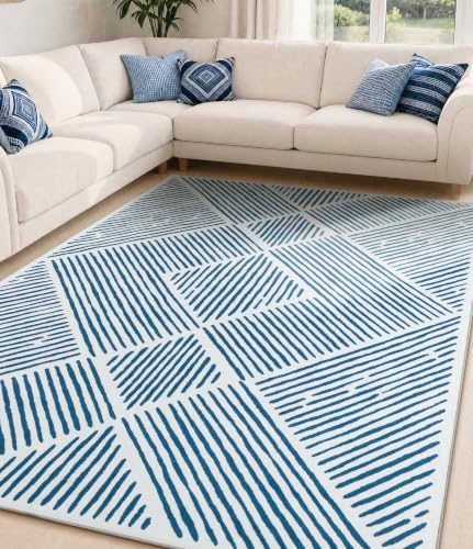 YIHOUSE 5‘x7' Washable Blue and White Rug, Modern Area Rug for Living Room