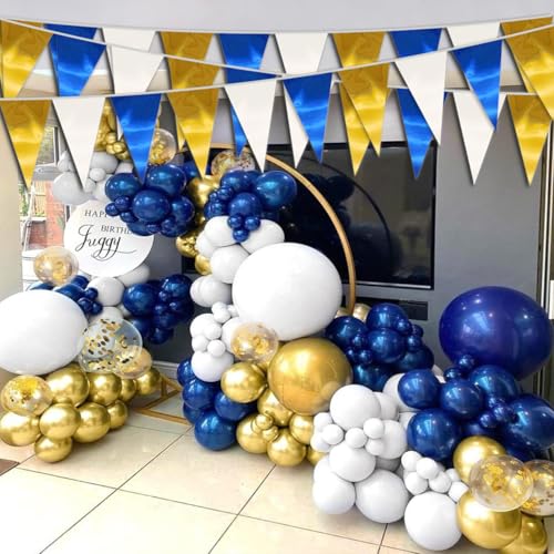 Image of 130FT Navy-Blue White Gold Triangle Pennant Banner Flag Metallic Fabric Bunting Garland for Christmas Graduation Retirement Birthday Wedding Bridal Shower Nautical Ahoy Achor Party Decorations Supply