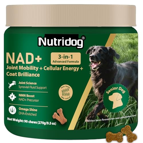 Nutridog NMN Supplement for Dogs NAD+ Booster - Anti-Aging & Longevity Soft Chews for Senior Dogs with Resveratrol CoQ10 Glucosamine & Omega-3-3-in-1 Cellular Energy Joint & Skin Support