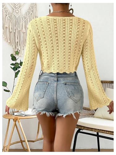 Image of Verdusa Women's Tie Front Crop Cardigan Bell Long Sleeve Scalloped Lightweight Knit Tops Summer Beach Cover Up