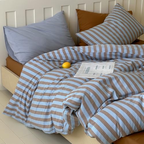 Image of LifeTB Vintage Striped Comforter Set Full, 3 Pieces Blue Brown Stripes Pattern Printed Bedding Set, Fluffy Soft Lightweight Bedding Comforter Set, Farmhouse Striped Bed Comforter with 2 Pillowcases