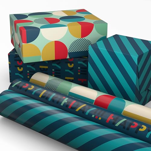 Hallmark Birthday Wrapping Paper Mini Rolls 3-Pack (Navy Blue and Teal Stripes Orange and Yellow Mod Circles) for Graduations Fathers Day Easter Any Occasion - 60 Sq. Ft. Total