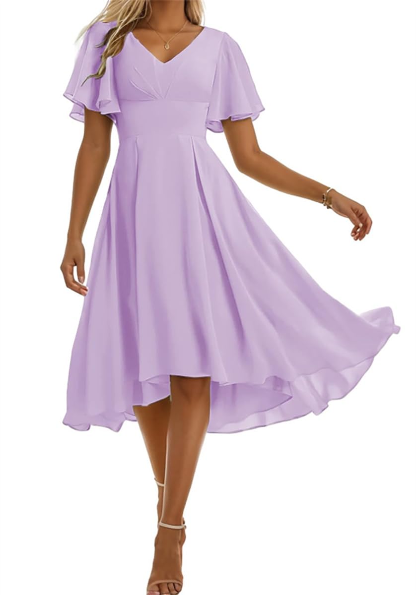 WSEYU A-Line Prom Dresses with Short Sleeves V Neck High Low Formal Gowns Plus Size Lilac UK22