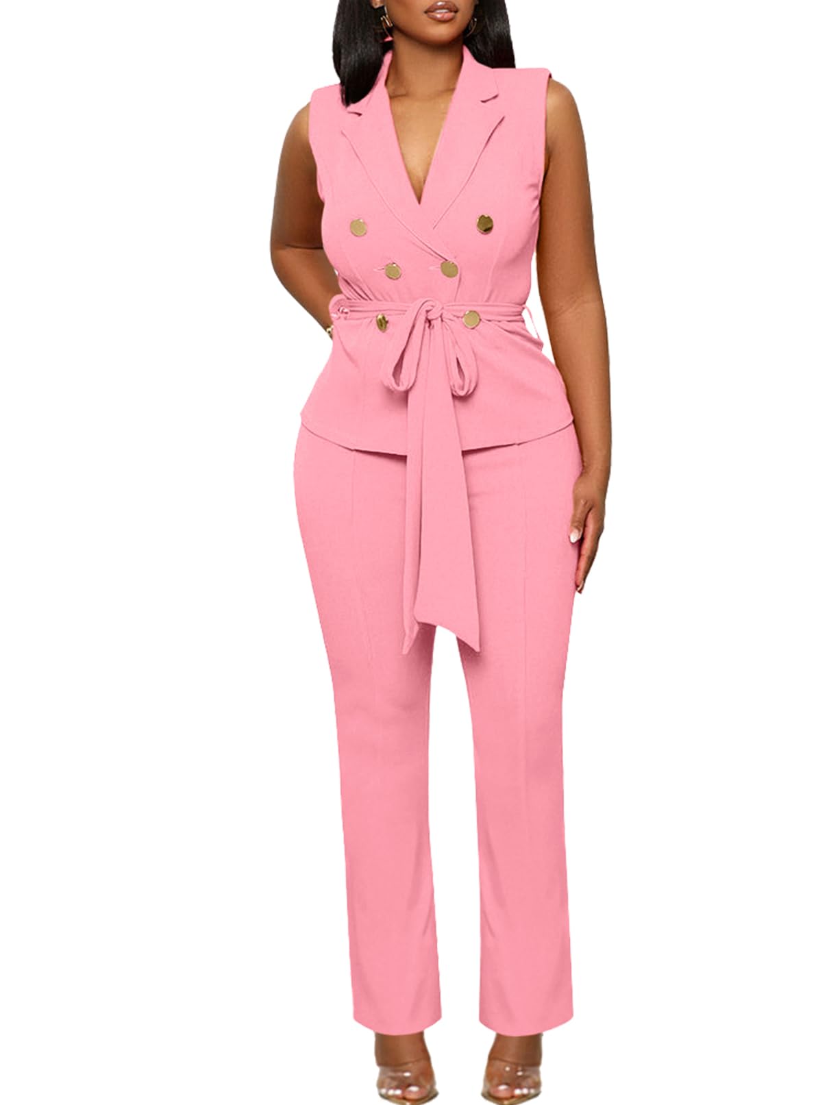 Blazer Pants Suits for Women Dressy Sleeveless Vest with Belt Wide Leg Pants 2 Piece Outfits Business Set