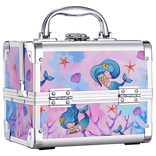 Joligrace Makeup Train Case for Girls Cosmetic Box Jewelry Organizer Hair Accessories Storage Lockable with 2-Tier Trays & Mirror Kids Gift Mermaid Princess