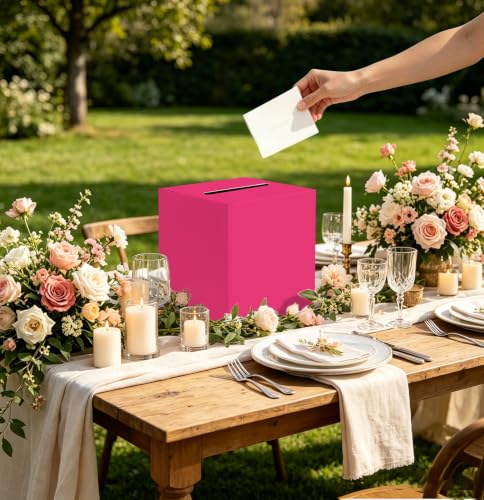 Image of SietDESEO Hot Pink Card Box with Slot Money Gift Card Box Holder for Party Wedding Reception Birthday Graduation Bridal Shower Baby Shower Diaper Raffle Box