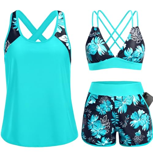 Daci Blue Floral Women 3 Piece Tankini Swimsuits - Tummy Control Tank Top with Bra Modest Bathing Suit with Pockets Boyshorts Bottom 2026 L