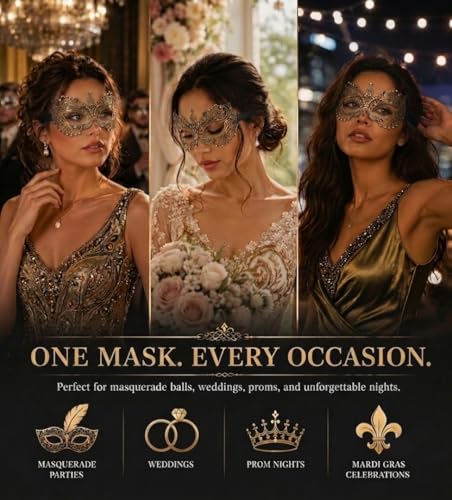 Image of Masquerade Mask for Women with Rhinestones - Elegant Metal Half Face Mask for Masquerade Parties, Mardi Gras, & Themed Events