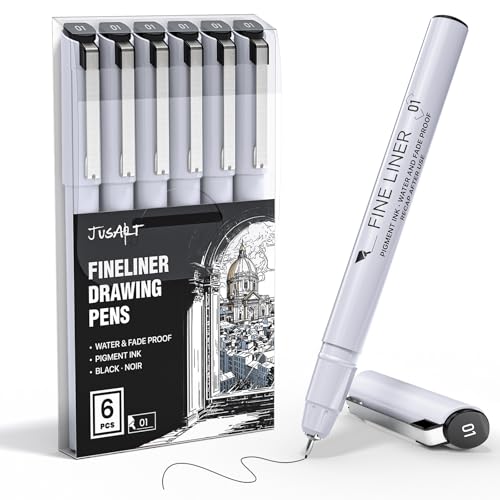 JusArt Fineliner Pens, 6 Pcs, 0.25mm Ultra Fine Point Pens 01, No Bleed, Waterproof Black Pigment...