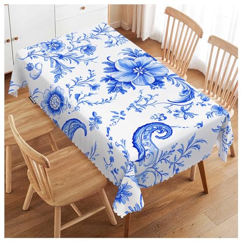 Swono Paisley Floral Blue Tablecloth Ethnic Batik Mandala Blue Decorative Table Cover Dining Tablecltoh for Kitchen, Party Banquet and Holiday Tablecloth, 52x70 Inch(4-6 Seats)